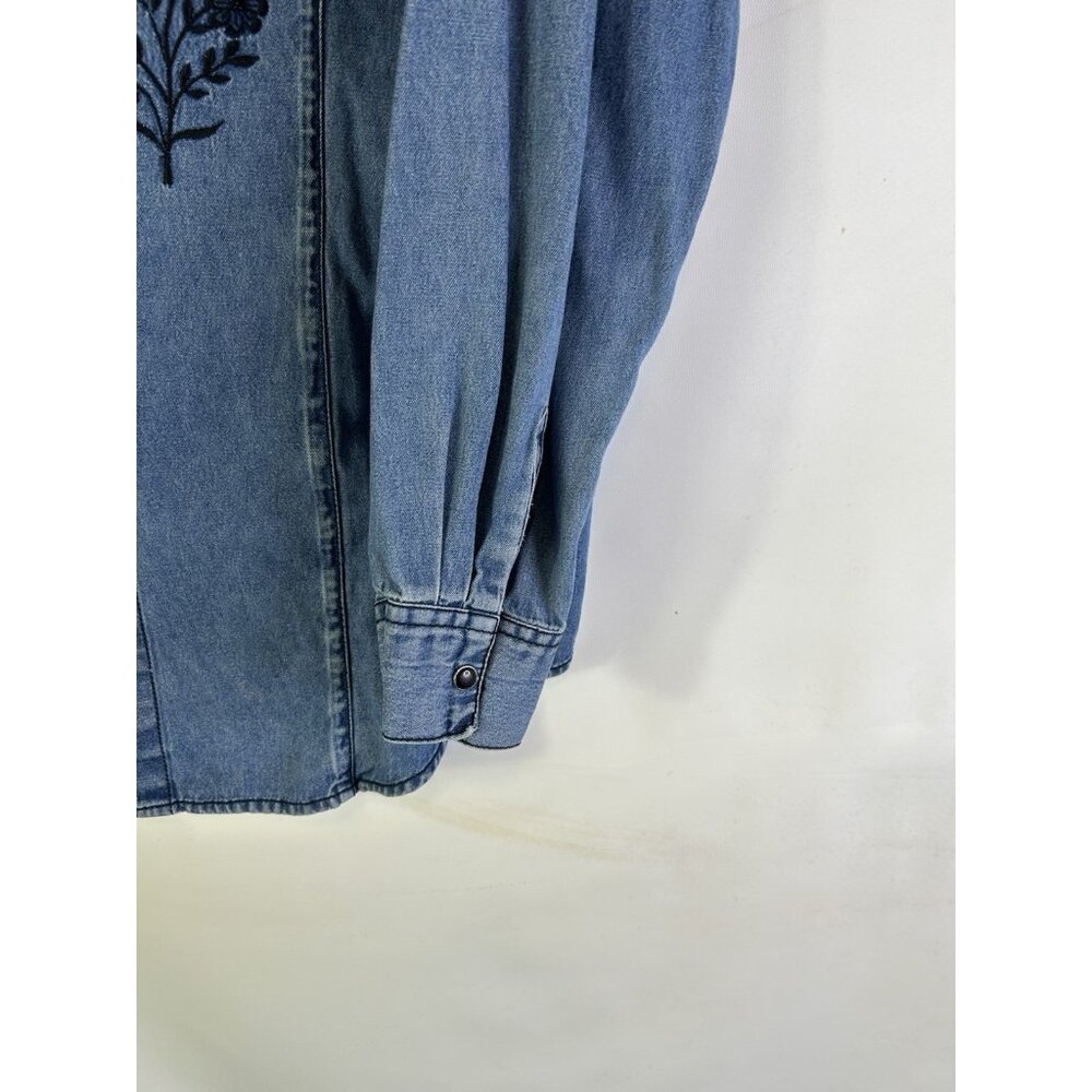 Vintage 90s Floral Embroidered Pearl Snap Denim Shirt Western - Picture 2 of 7